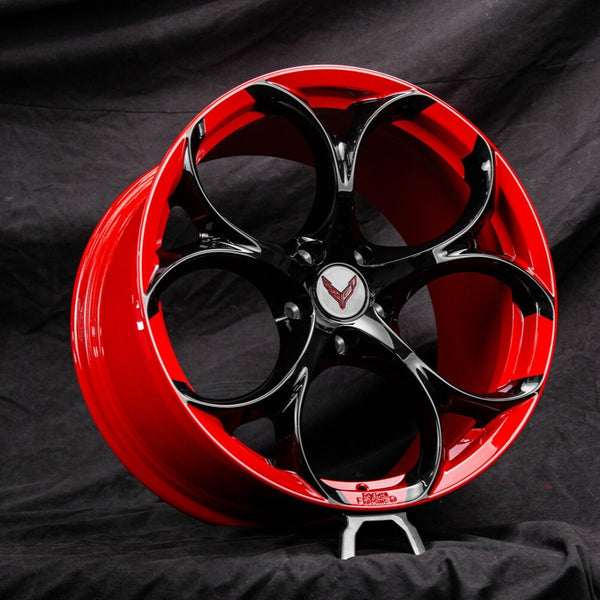 Corvette C8 Z51 RV-MS016 custom wheels front angle, gloss black spoke, RVRN red barrel
