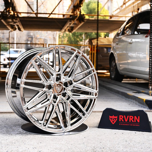Custom forged chrome Corvette C8 wheels showcased on display, highlighting performance and style for car enthusiasts.