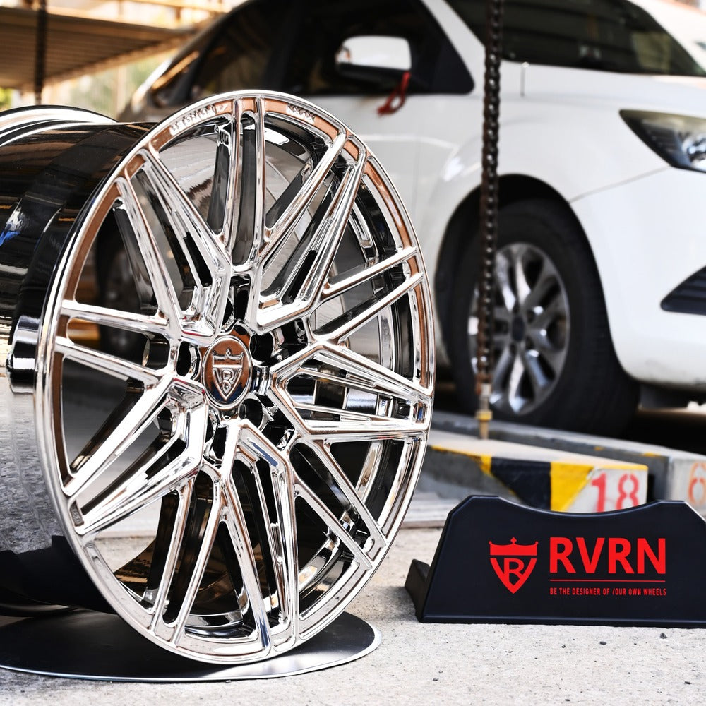 Custom forged Corvette C8 Stingray wheels displayed with chrome finish, showcasing high-performance rim design.
