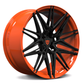 Custom forged Corvette C8 wheels in vibrant orange and black, featuring a striking multi-spoke design for performance and style.