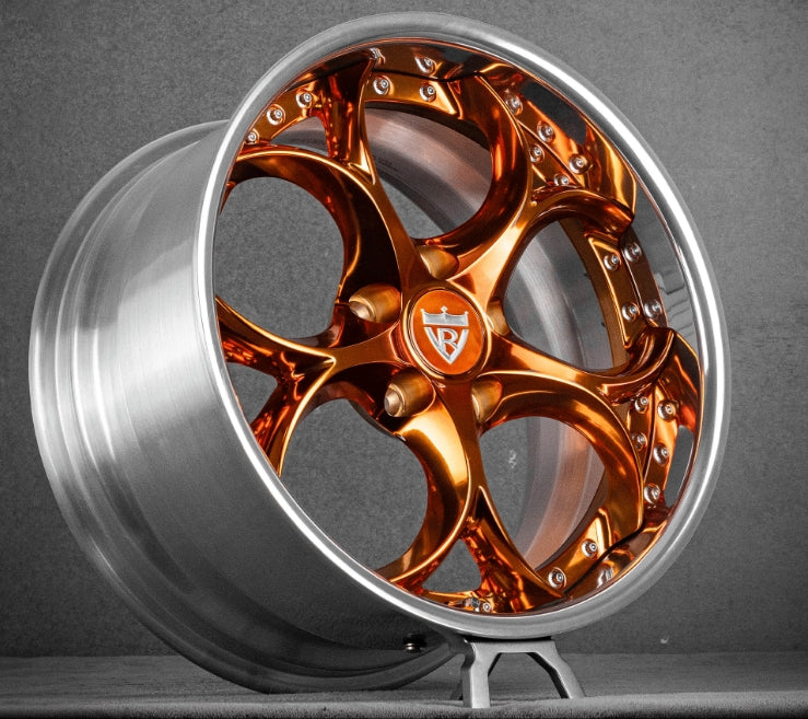 Orange rims for Corvette C1-C8, custom forged 2-piece wheels series RVRN RV-DS016