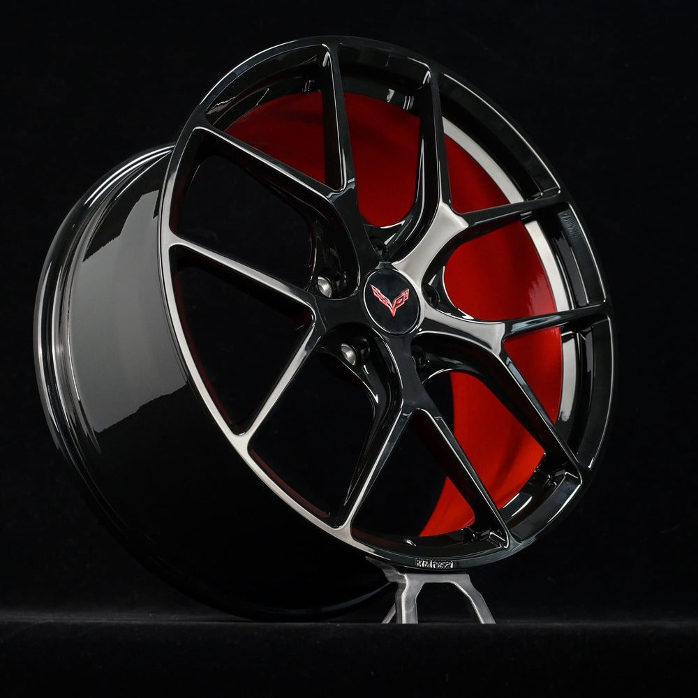 2014-2019 Corvette C7 Stingray Z51 rear angle with RV-MR05 custom forged 1-piece Y-spoke concave performance wheels, RVRN Red inner barrel detail by RVRN Wheels