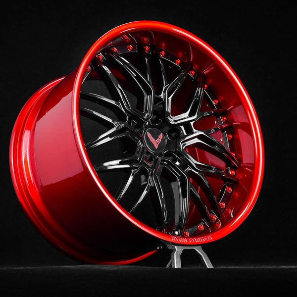 Red and black custom wheels for 2025 Corvette C8 E-Ray RV-T081 front angle