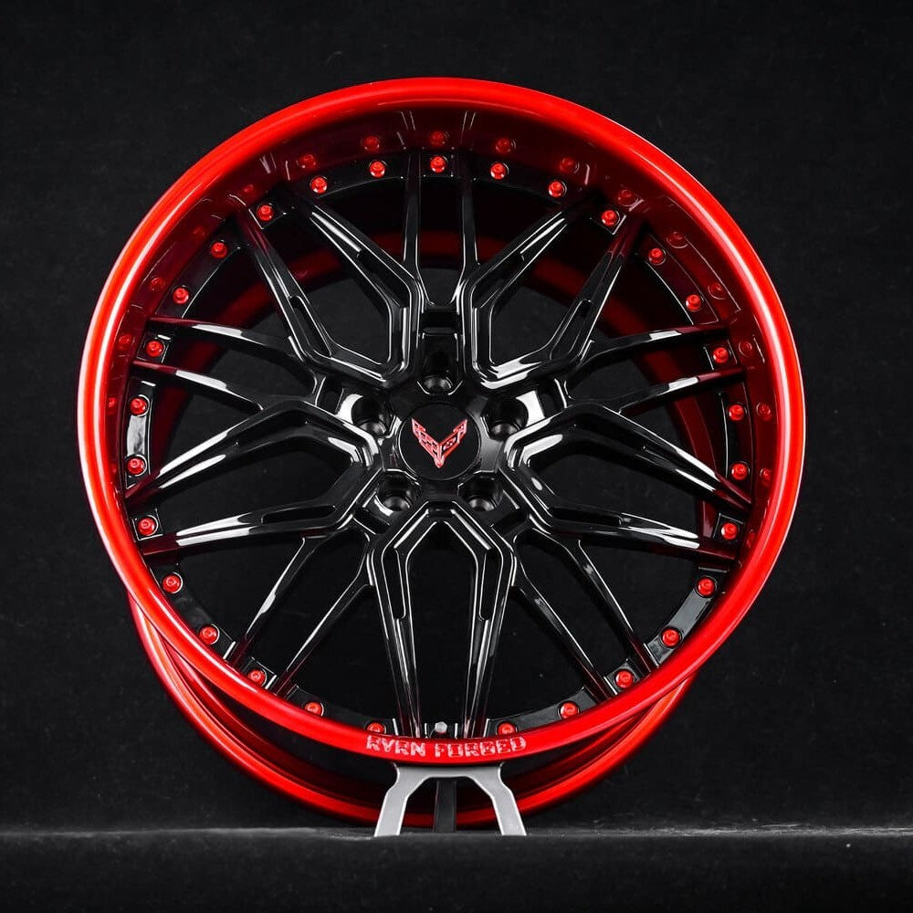 Deep dish Corvette wheels RV-T081 gloss black barrel red spokes side view