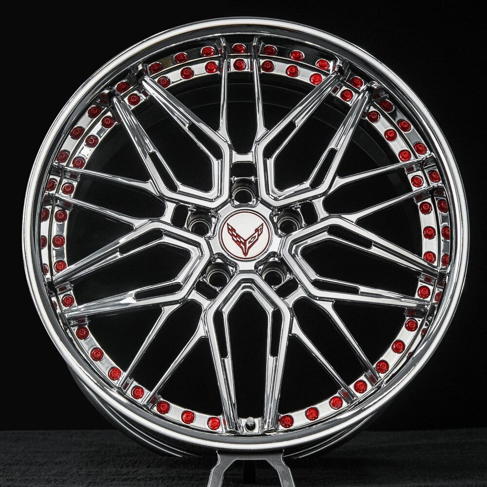 Front view of RVRN RV-T081 all-chrome forged wheels on 2021 Corvette C8 Stingray – performance 2-piece design