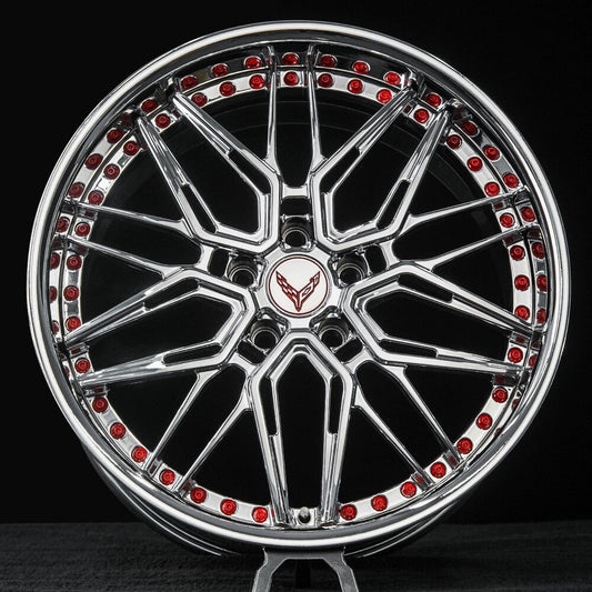 Front view of RVRN RV-T081 all-chrome forged wheels on 2021 Corvette C8 Stingray – performance 2-piece design