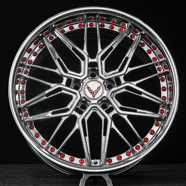 Front view of RVRN RV-T081 all-chrome forged wheels on 2021 Corvette C8 Stingray – performance 2-piece design