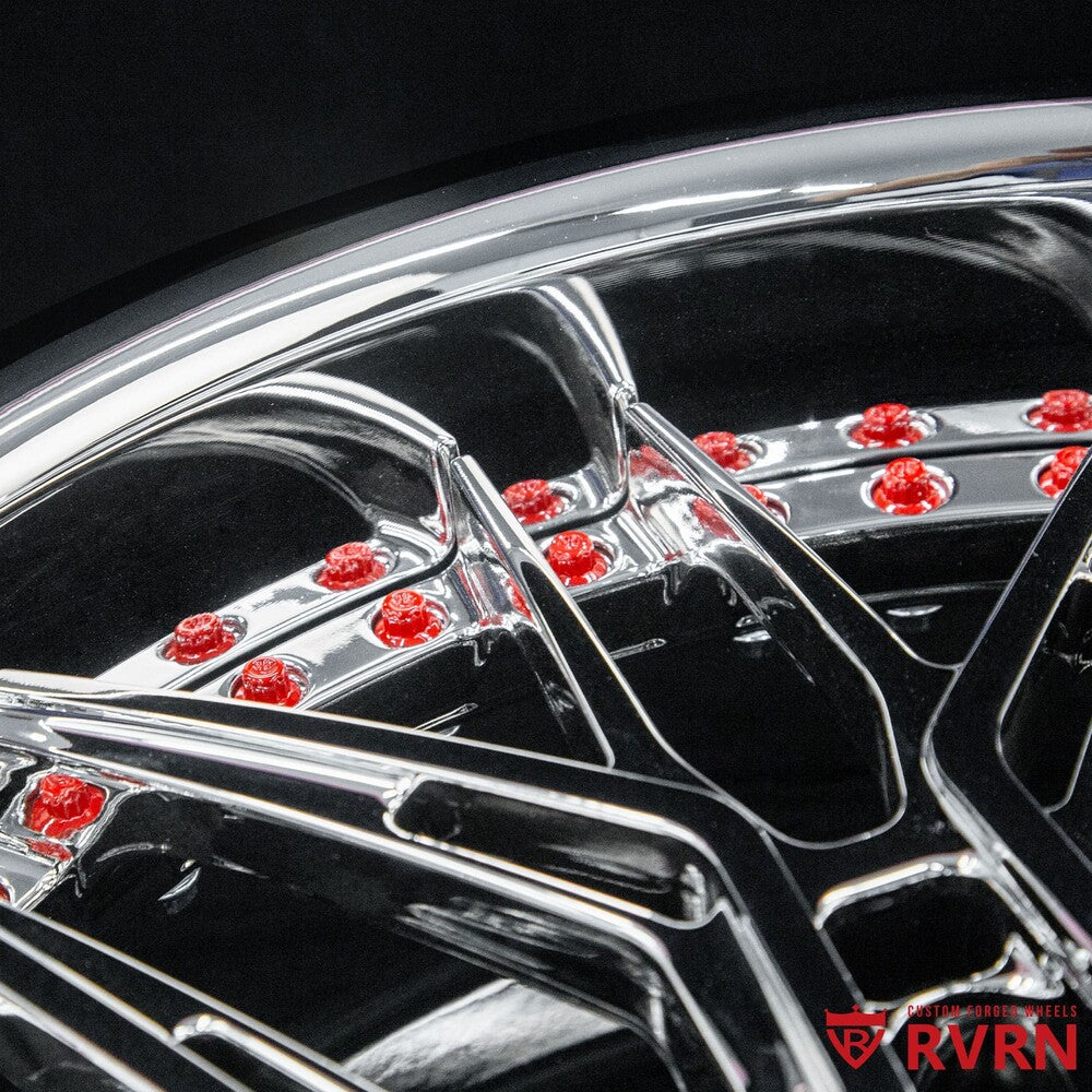 Side angle view showing chrome finish forged wheels fitment on 2021 Corvette C8