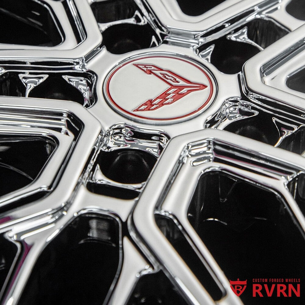 RVRN forged wheel chrome center cap with custom detailing and precision machining