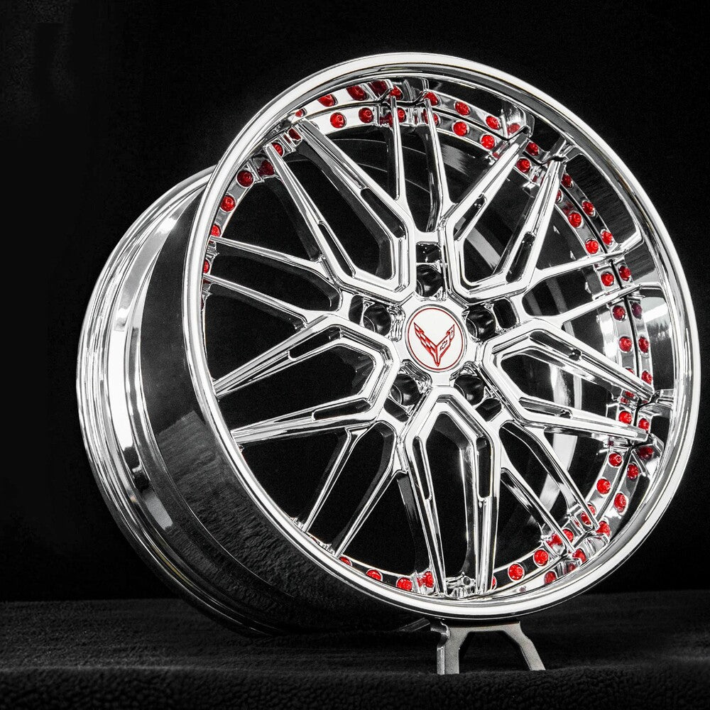 Custom red Corvette C8 center cap paired with chrome forged RV-T081 wheel-deep dish series