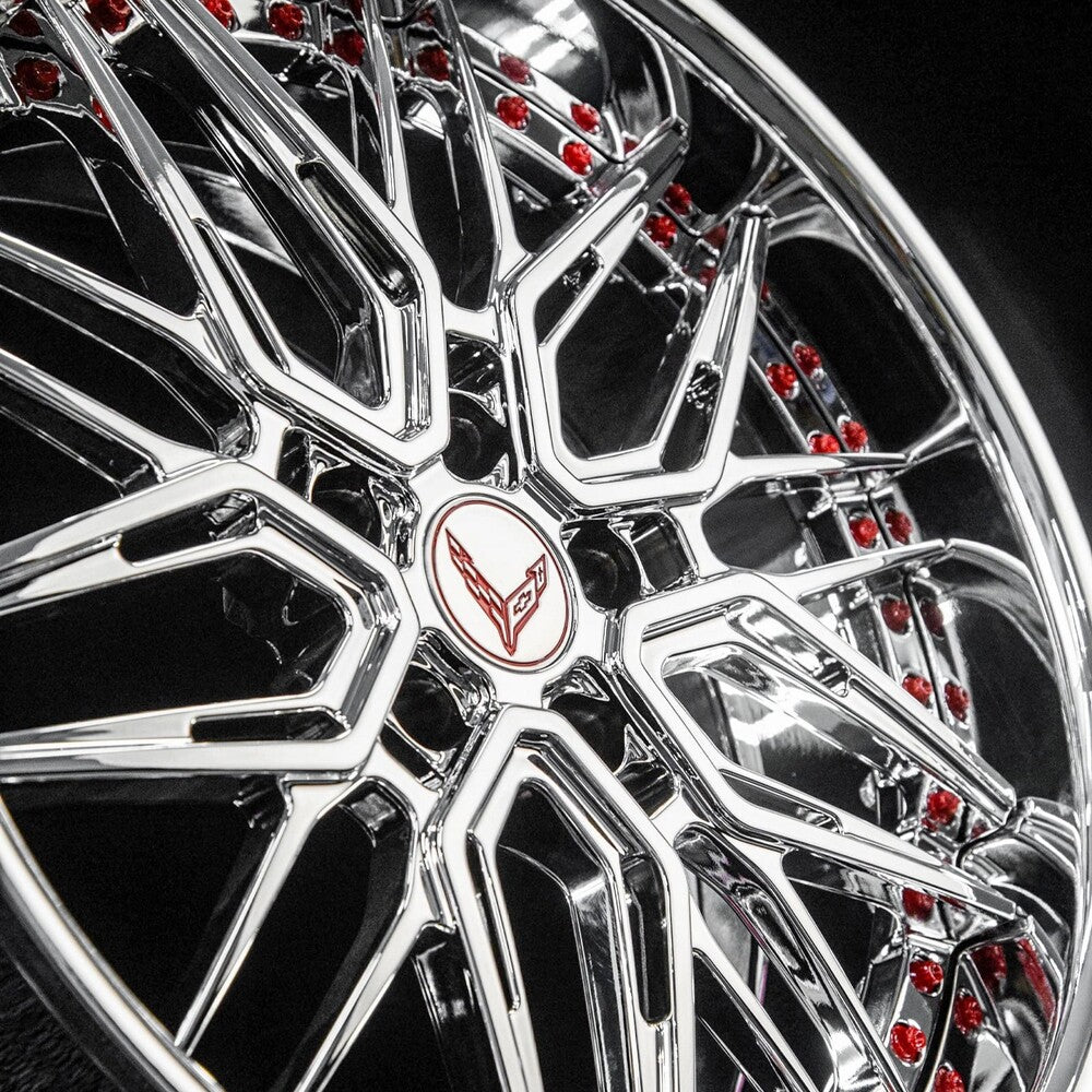 Close-up of chrome 2-piece forged RV-T081 wheel, polished finish and precision machining.