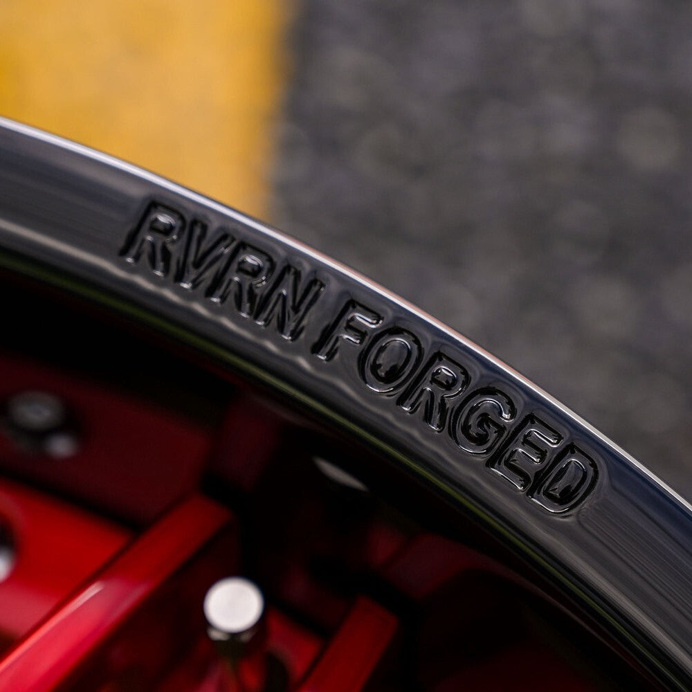 Red and black aftermarket wheels RV-T081 on Corvette C8 Stingray