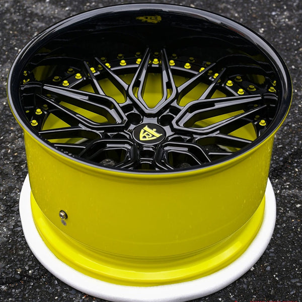 Front angle of Corvette C8 widebody with custom deep dish wheels