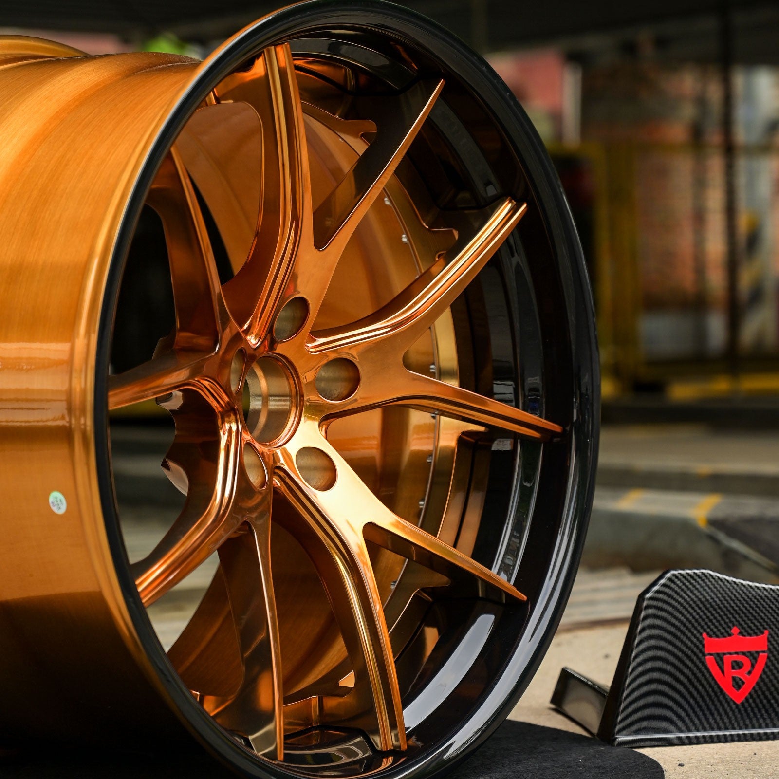 Custom forged C8 Corvette Z06 wheel in bronze and black finish, showcasing a 10-spoke design for aftermarket upgrades.