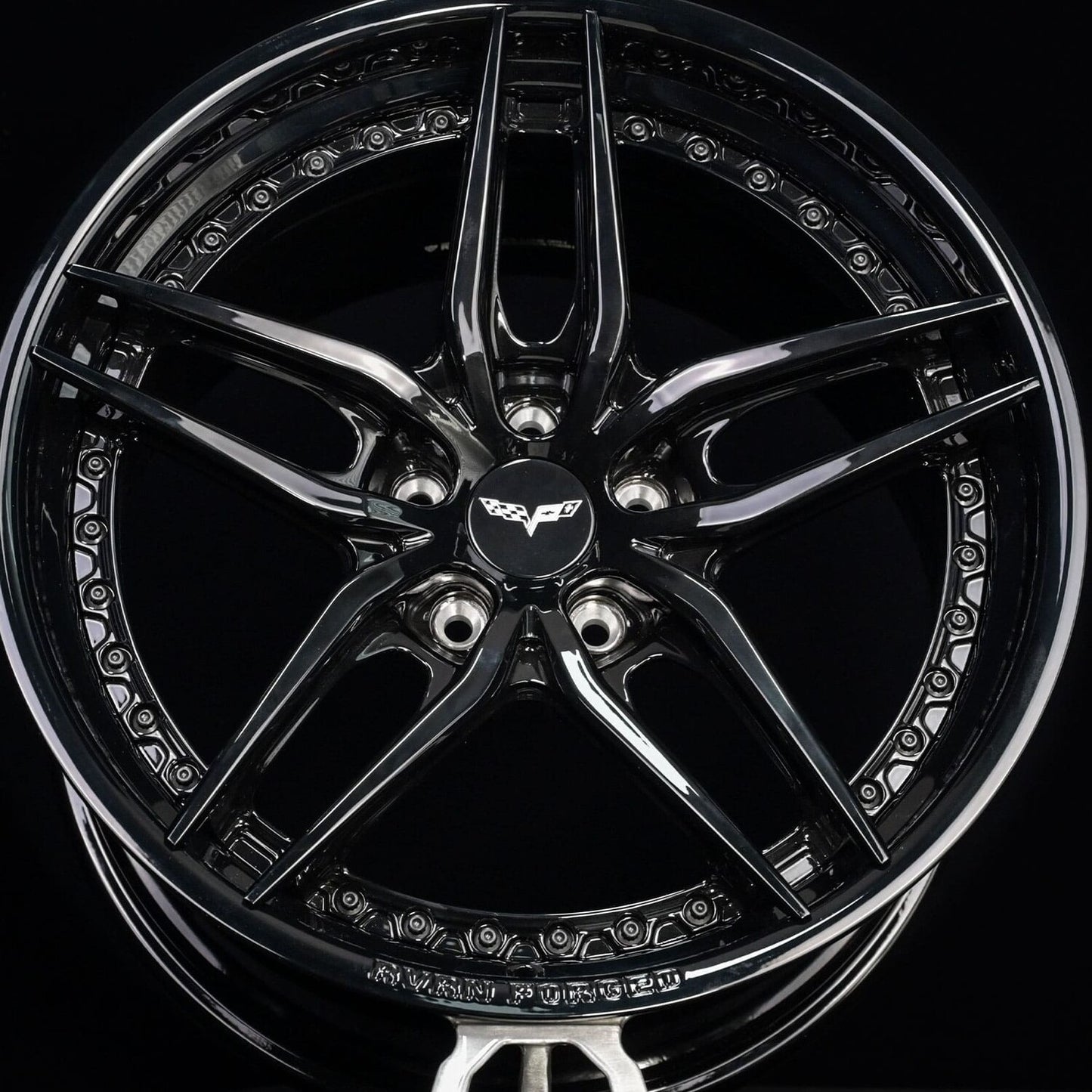 Deep Lip Corvette Wheels on 2008 C6 Corvette, RV-DP03 forged 2-piece 19x10 +40MM front, all gloss black custom build by RVRN Wheels