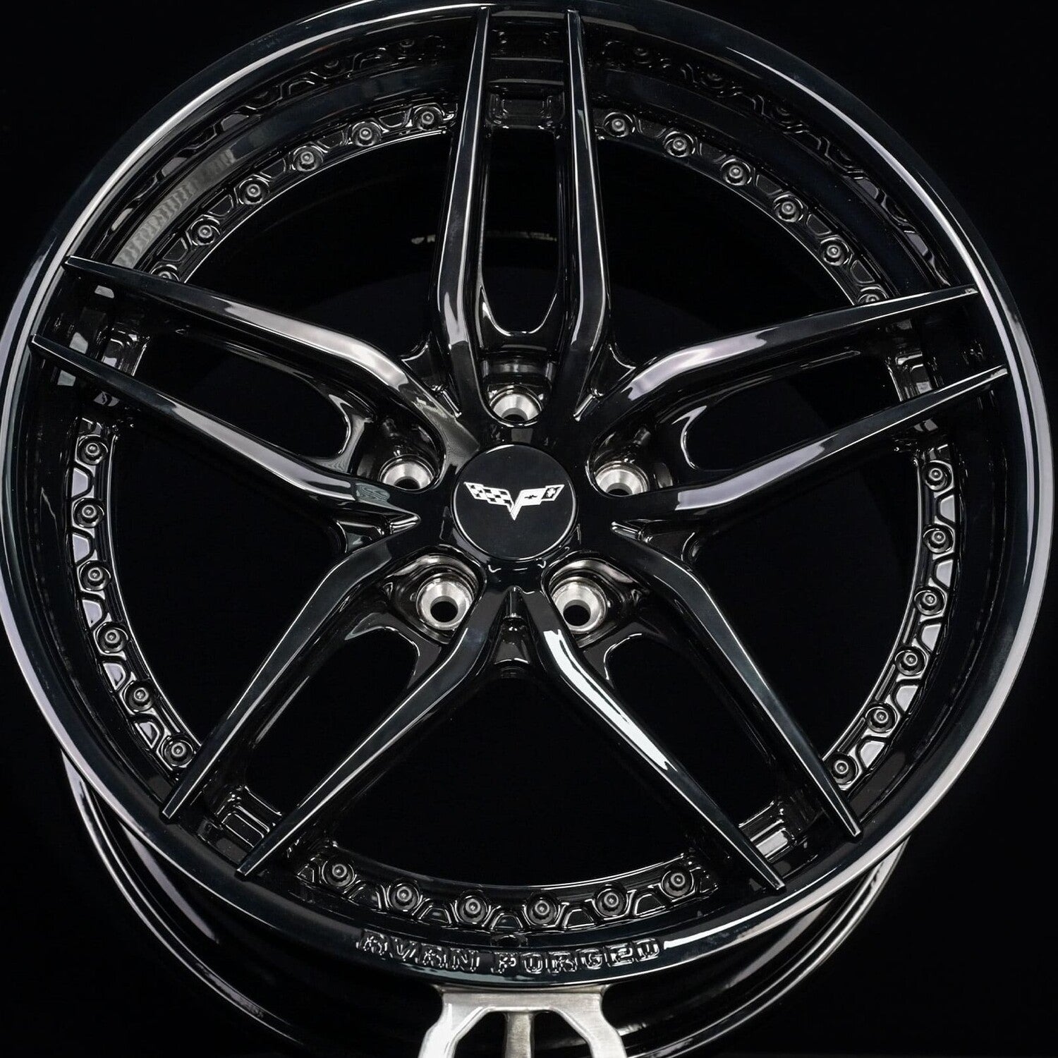 Deep Lip Corvette Wheels on 2008 C6 Corvette, RV-DP03 forged 2-piece 19x10 +40MM front, all gloss black custom build by RVRN Wheels