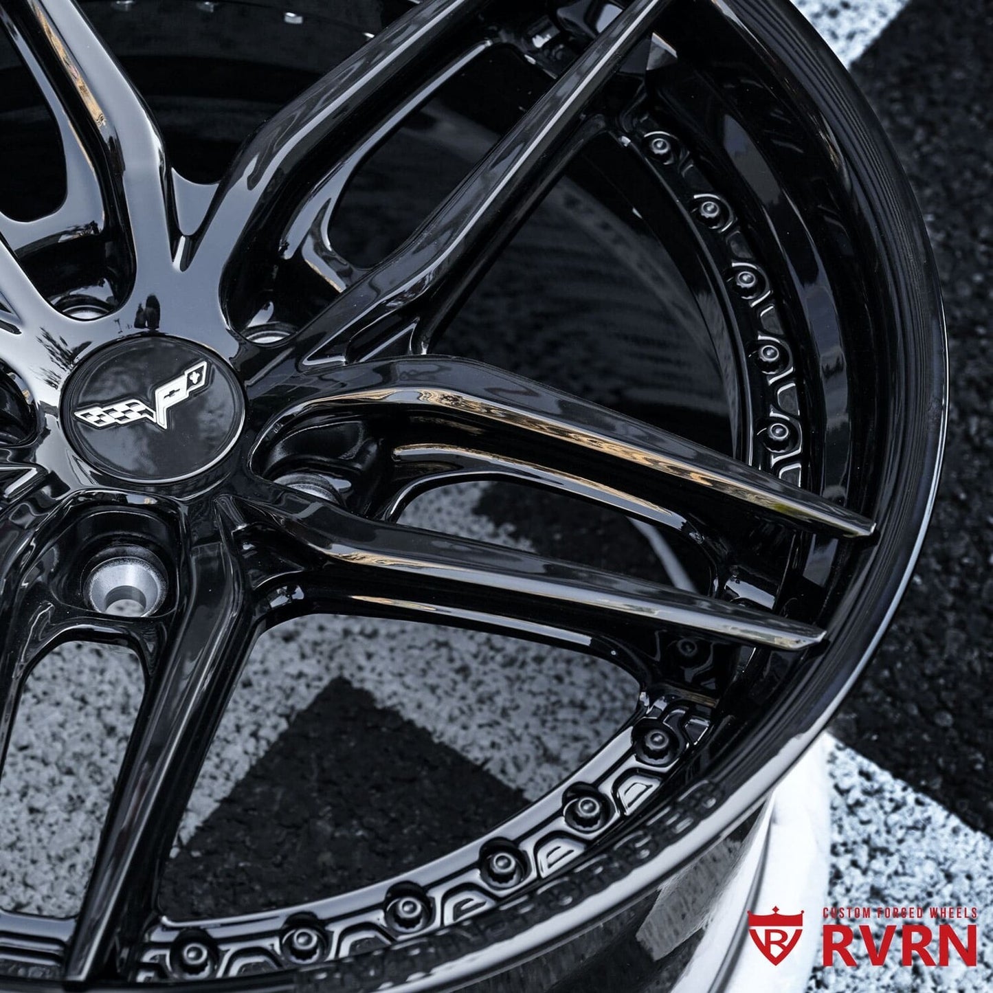 Blacked out Corvette mods featuring RV-DP03 forged 2-piece wheels, 19x10 front 20x12 rear deep lip design