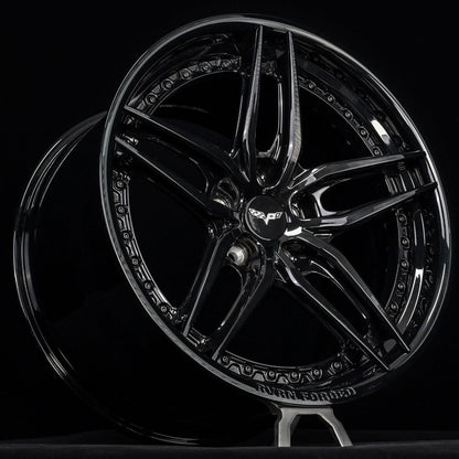 Aggressive C6 Corvette wheel setup RV-DP03 5-spoke forged 2-piece in gloss black, studio shot showing deep dish design with RVRN FORGED marking, by RVRN Wheels