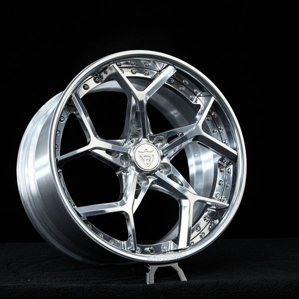 Front angle view of RV-DV03 polished forged wheel for 2023 Corvette C8 Z51, size 19x8.5"