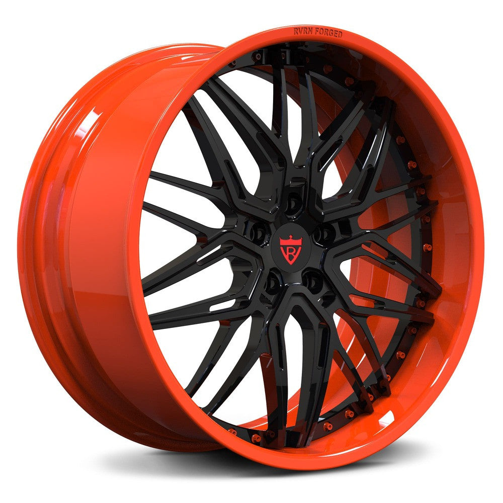 Orange and black rims your Corvette C1-C8 z51, z06 with OEM specs, RVRN Wheels-Custom forged 2-piece deep dish wheels series