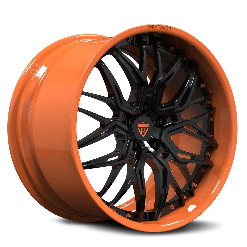 Orange and black rims your Corvette C1-C8 z51, z06 with OEM specs, RVRN Wheels-Custom forged 2-piece deep dish wheels series