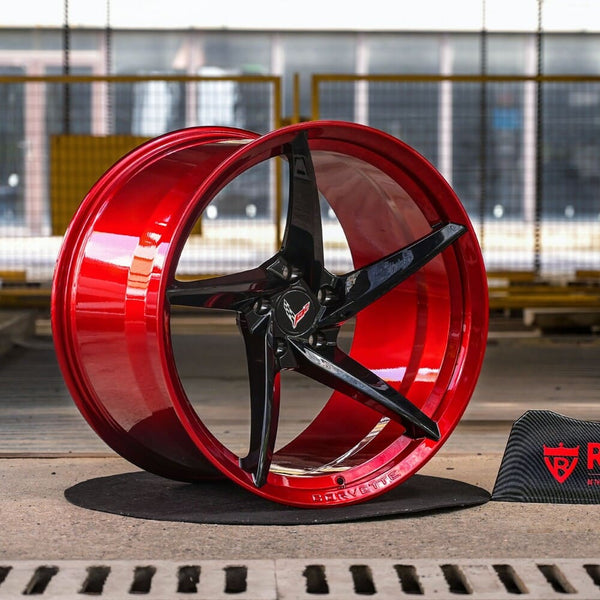 Black Cherry 5 spoke forged wheels on Corvette C8 Z06 front view