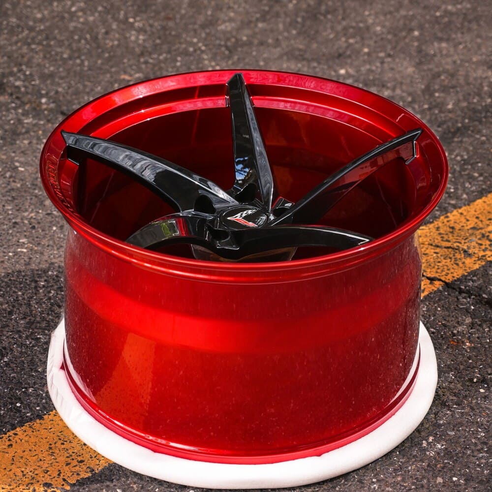 Concave forged Black Cherry rims on Corvette rear angle