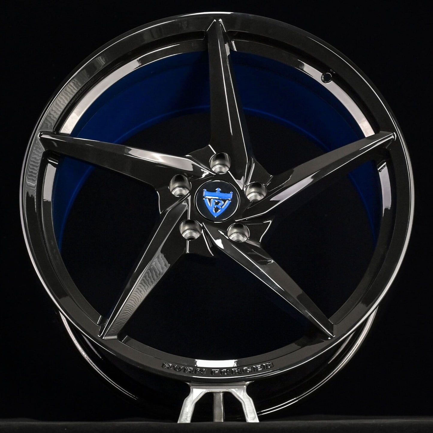 Gloss Black RV-MC35 monoblock forged wheels with Riptide Blue inner barrel on C8 Corvette Z51, custom color forged wheels