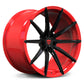 Red and Black forged RV-MJ02 wheel 3D render showcasing spoke design and deep oncavity