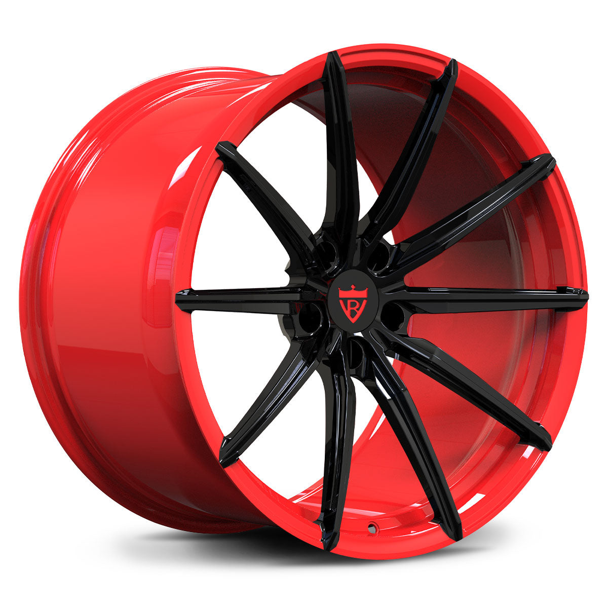 Red and Black forged RV-MJ02 wheel 3D render showcasing spoke design and deep oncavity