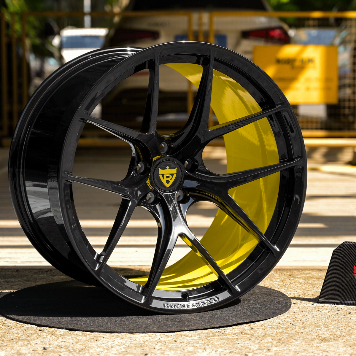 Corvette Color-Matched Accelerated Yellow and Black Custom Aftermarket wheels for Corvette C8 Z06 with OEM Specs-Concave and y-spoke rims