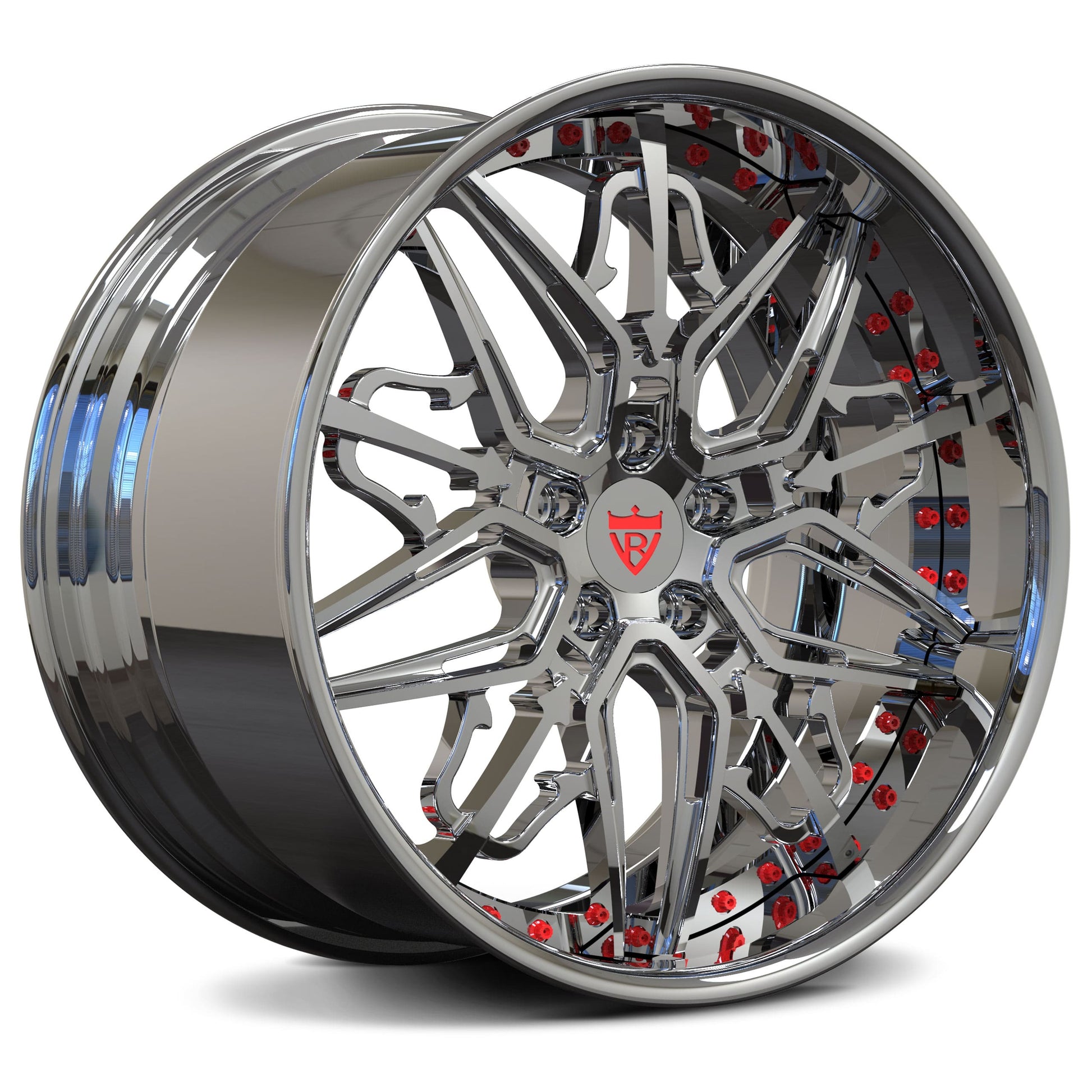 Shiny chrome aftermarket deep dish wheels installed on C7 Corvette grand sport 