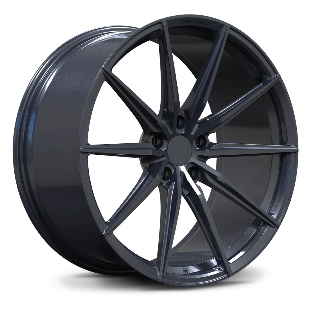 High-detail 3D render of RV-MJ02 forged C6 Z06 wheel showing super concave structure with gunmetal grey color 