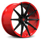 Red and Black forged RV-MJ02 wheel 3D render showcasing spoke design and deep oncavity