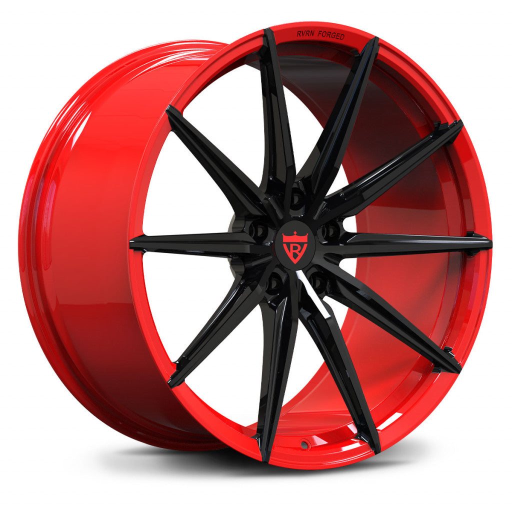 Red and Black forged RV-MJ02 wheel 3D render showcasing spoke design and deep oncavity