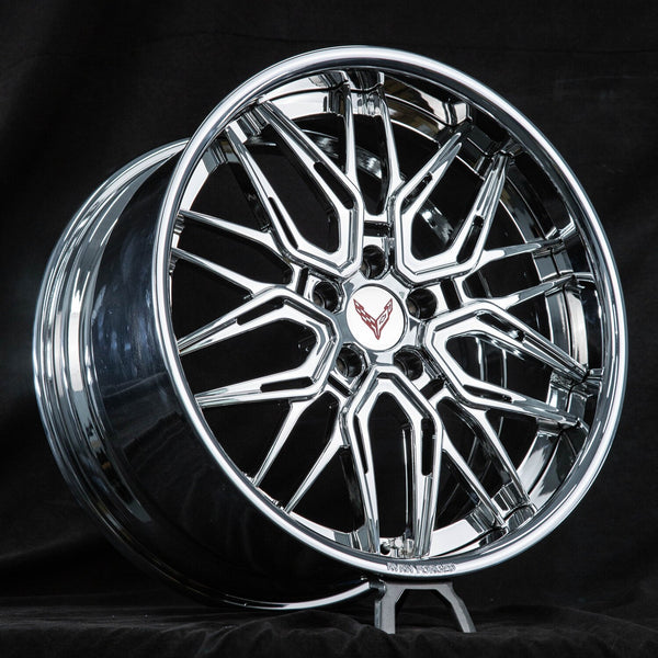 2022 Corvette C8 Chrome Wheels with Deep Dish style, OEM Specs, best custom forged rims for Corvette wheel upgrade