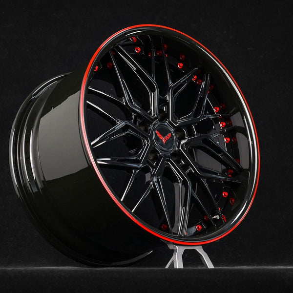Corvette C7 Grand Sport custom forged deep dish wheel in black with red accents, perfect for enhancing performance and style.