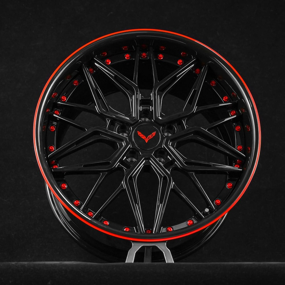 Corvette C7 Grand Sport deep dish wheel in black with red accents, custom forged design, perfect for performance vehicles.